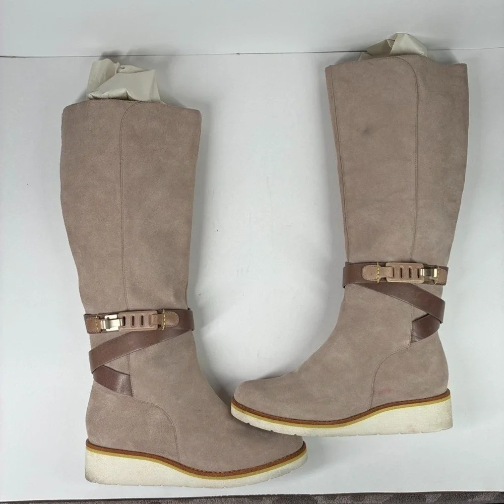 Cole Haan Gerina Women's US 7.5B Taupe Suede Waterproof Wedge Knee-High Boots